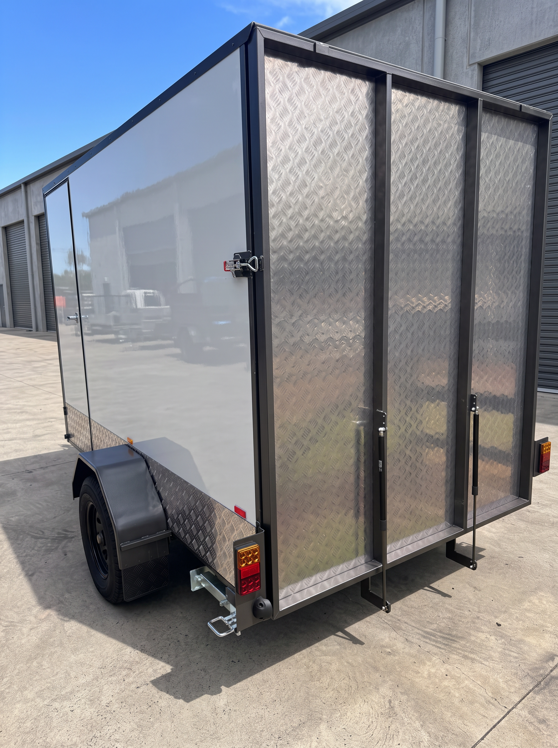 Rear three-quarter view of the MotoCampers 003 enclosed trailer with side panels raised