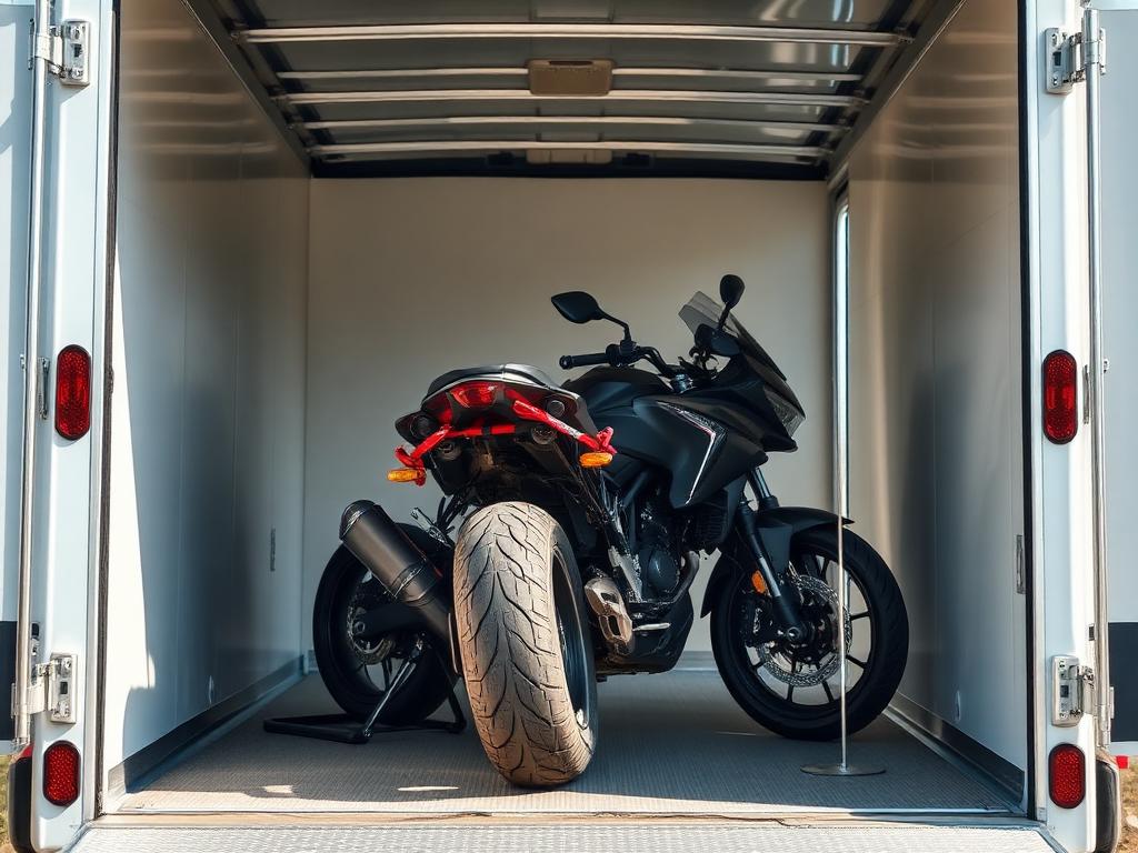 Motorcycle secured with a wheel chock inside an enclosed trailer