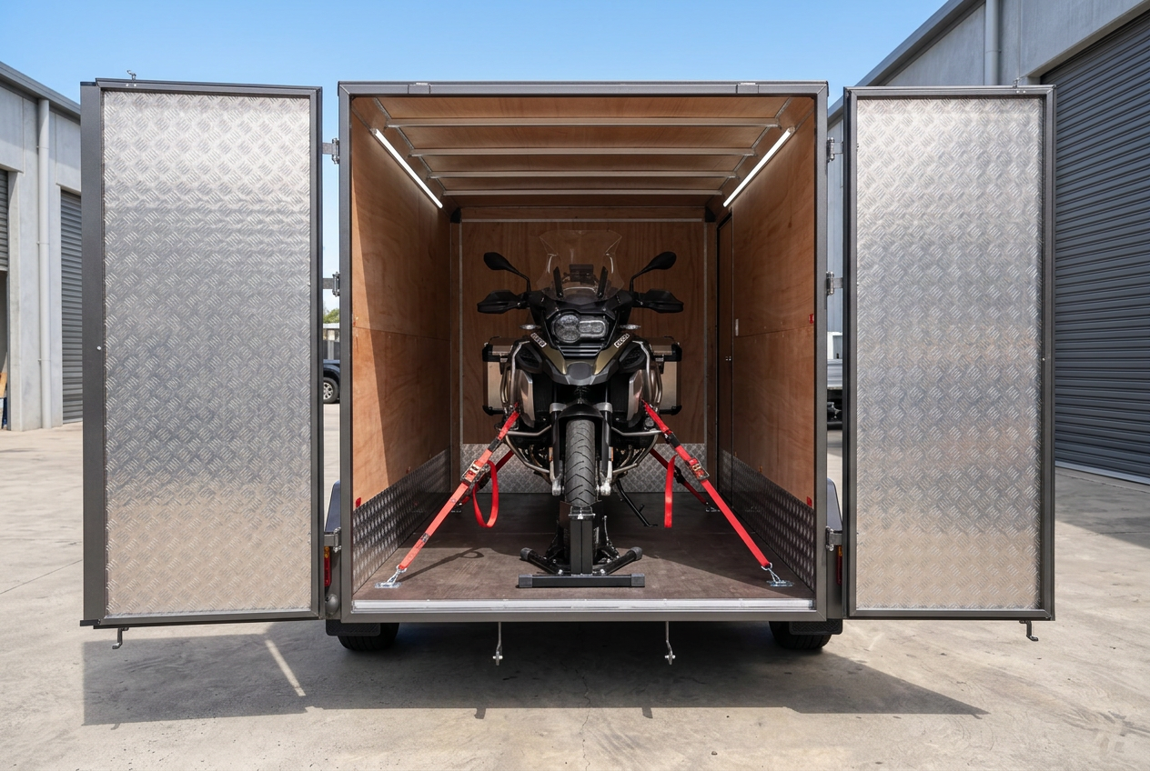 Adventure touring motorcycle strapped upright inside a MotoCampers enclosed trailer with wheel chock and ratchet tie-downs